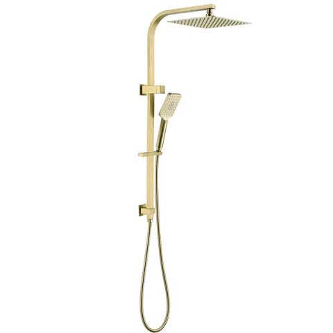 A brushed gold combination shower rail with a square twin shower head.