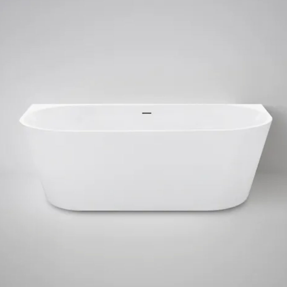 White freestanding back to wall bathtub with overflow