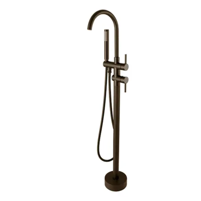 A gunmetal floor standing mixer with a sleek, contemporary design, featuring a hand shower and a gunmetal handle.