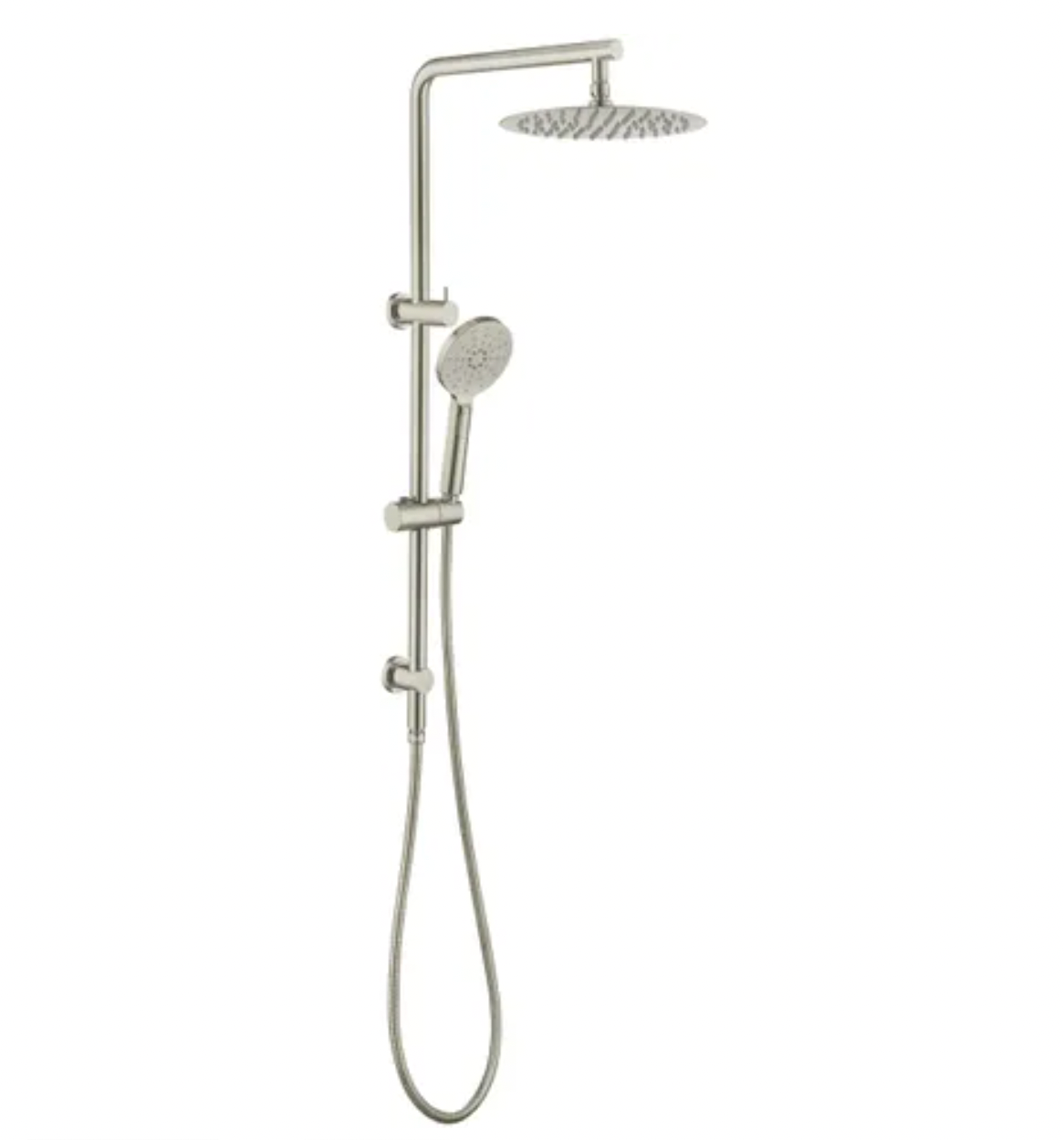 A brushed nickel round twin shower unit on a rail, including a large overhead shower and a handheld showerhead.