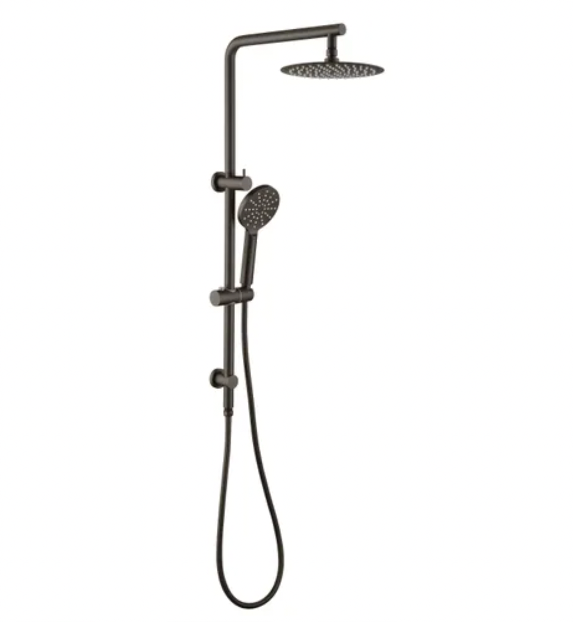A gunmetal round twin shower unit on a rail, including a large overhead shower and a handheld showerhead.