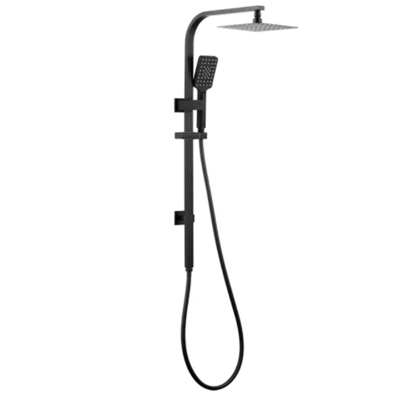 Black shower set with square rain shower head and handheld shower on a rail