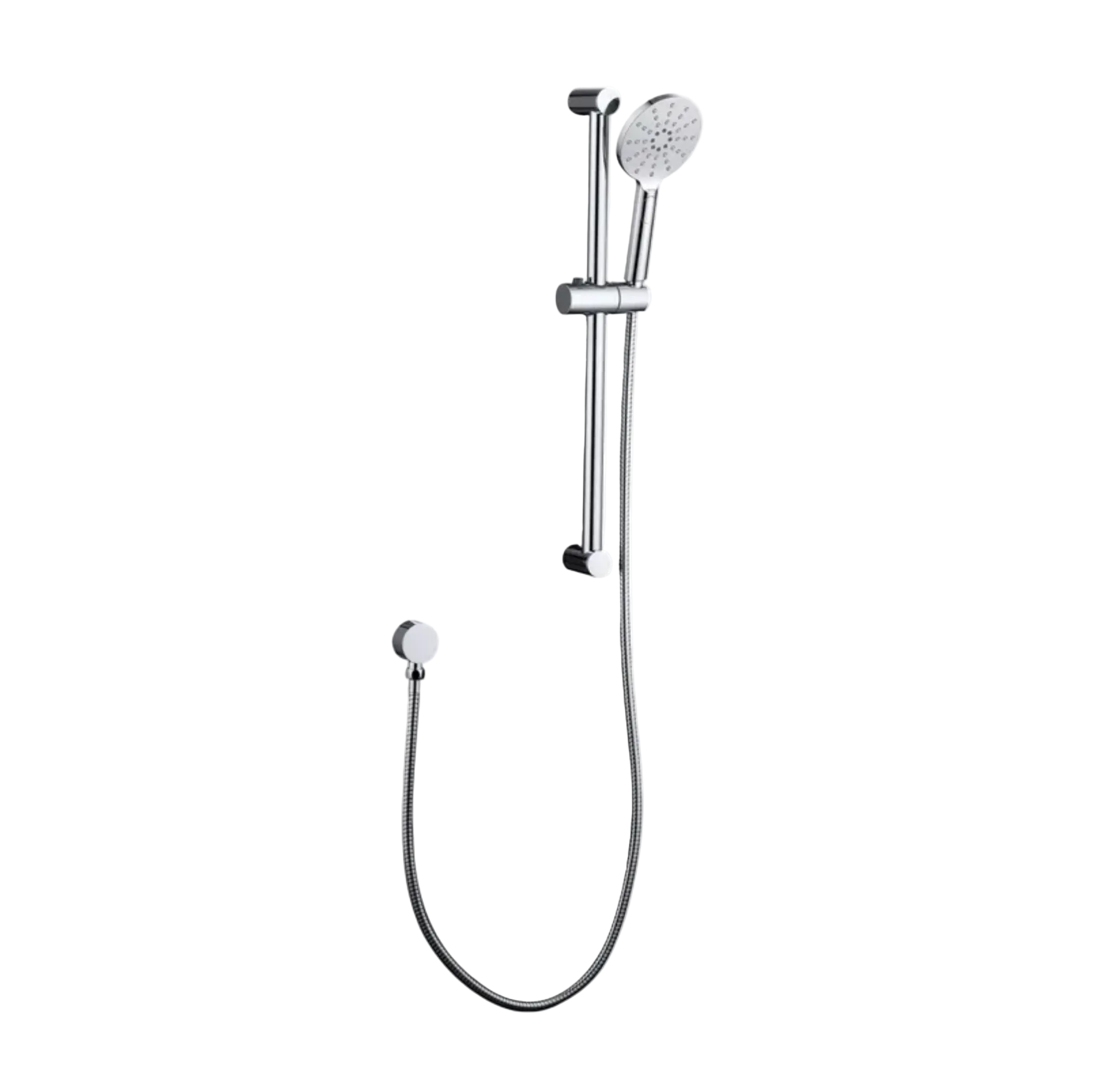 A wall-mounted handheld shower system with a chrome-finished bar, flexible hose, round shower head.