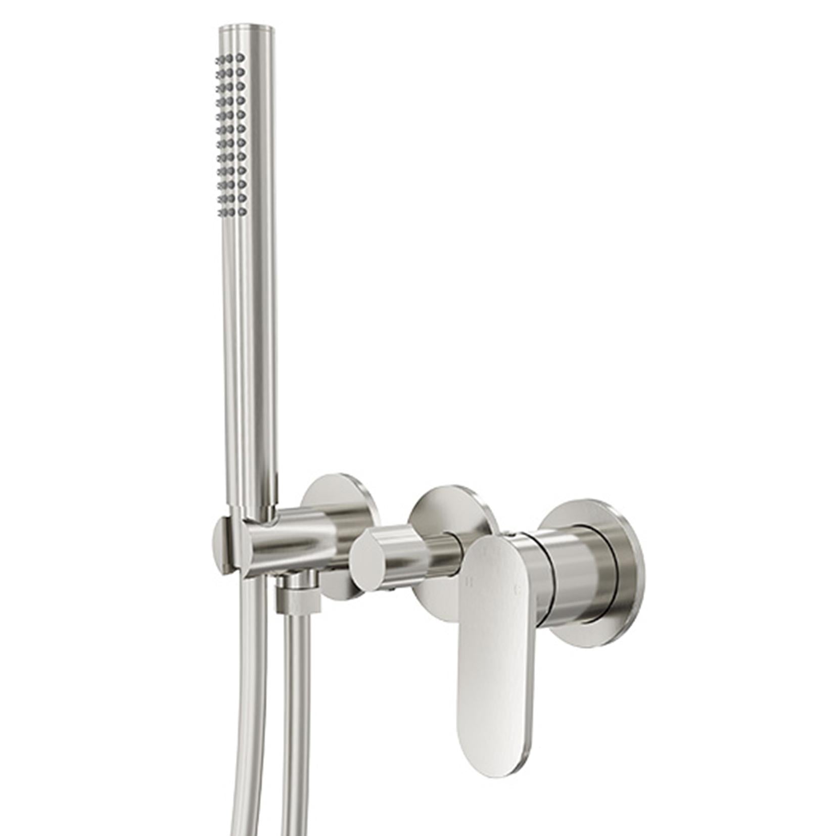 Brushed nickel finish handheld shower with a diverter mixer and a wall-mounted plate, featuring a sleek design with round edges.