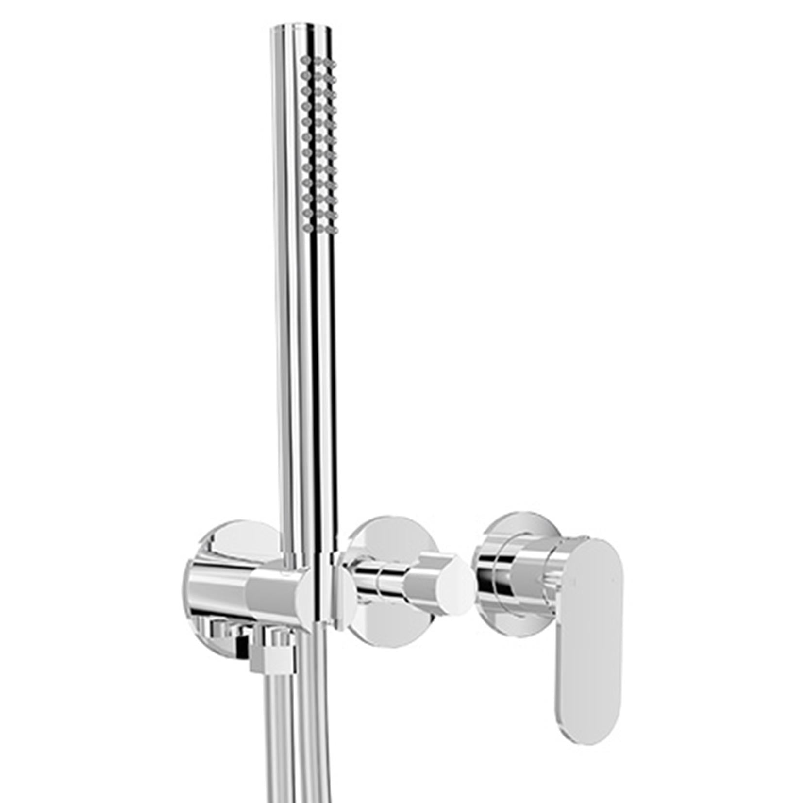 A chrome finish handheld shower with a diverter mixer and a hand shower, featuring bold lines and gentle edges.