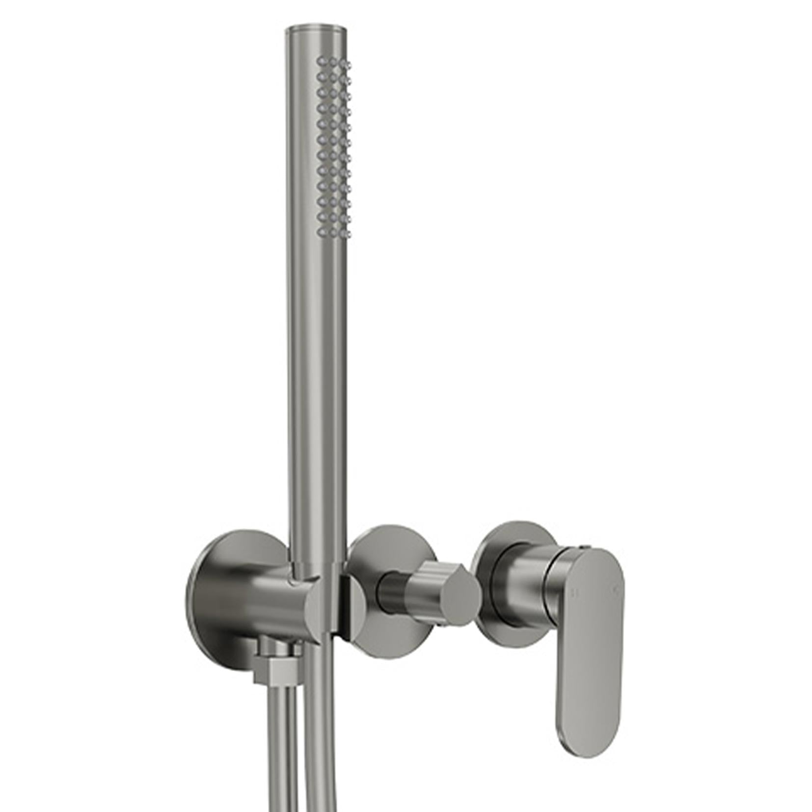 A gun metal finish handheld shower with an incorporated diverter mixer, attached to a wall mount with a visible control handle.