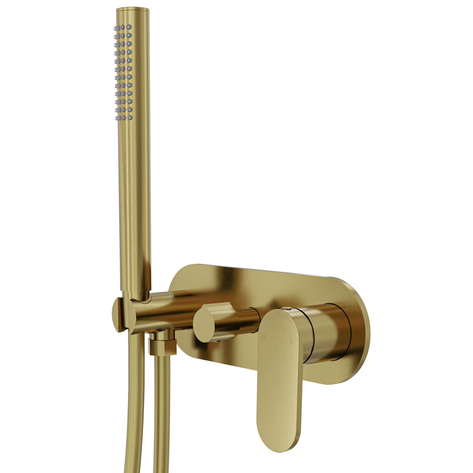 Brushed brass wall-mounted hand shower with a diverter, featuring a sleek modern design with a gold-colored finish and a set of diverter options on the side.