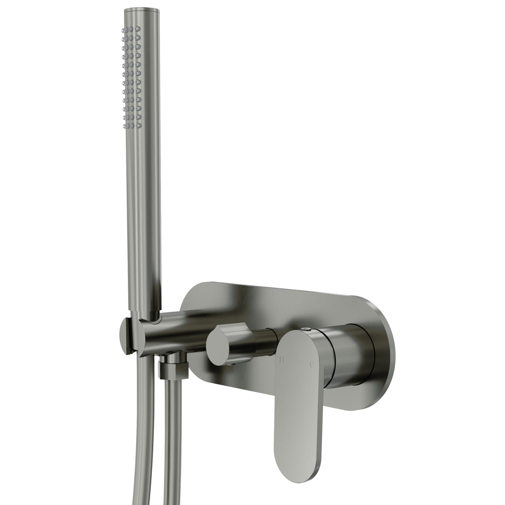 A Linsol Capo 1-Plate Wall Mixer with a hand shower gun metal finish. The image shows the mixer's lever and diverter from a side angle, highlighting its metallic surface and modern design.