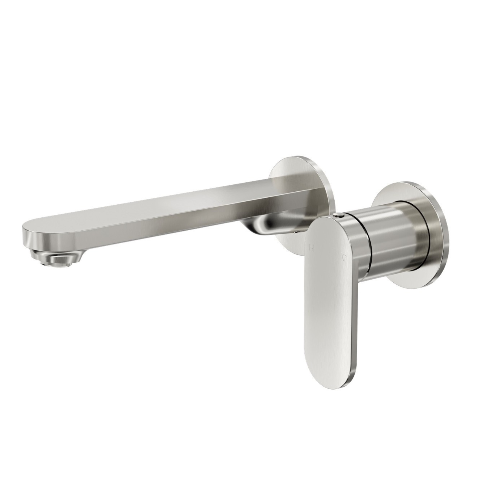 A 2-plate wall basin/bath mixer Brushed Nickel color with a slimline paddle handle.