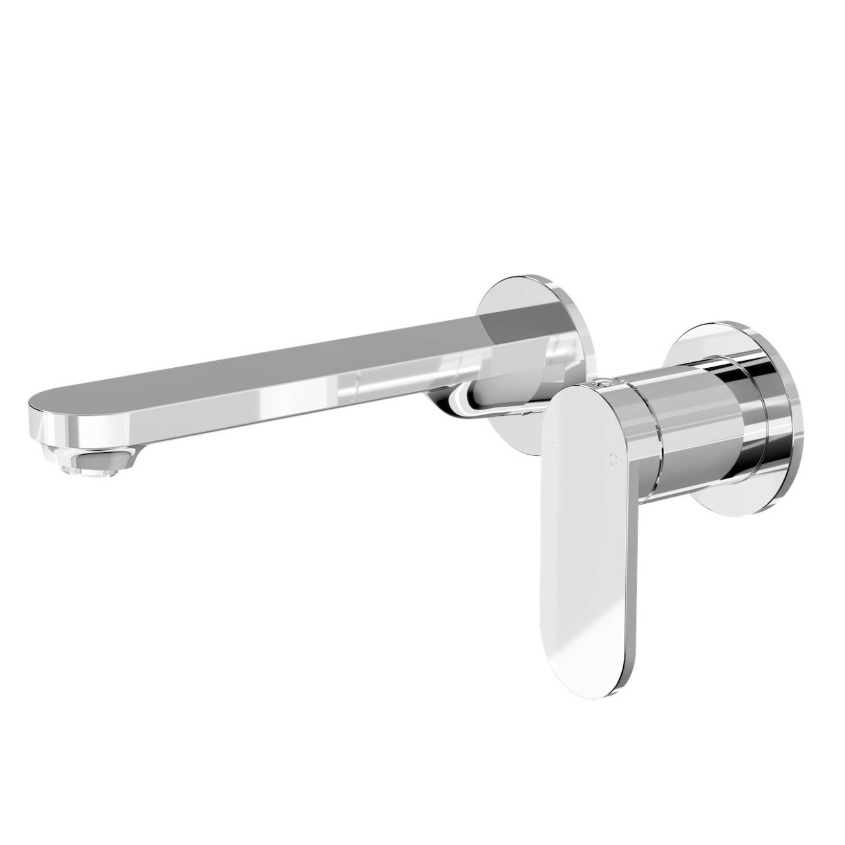 A Linsol Capo 2-Plate Wall Basin/Bath Mixer in chrome finish with a slimline paddle handle and small, round 65mm back plates.