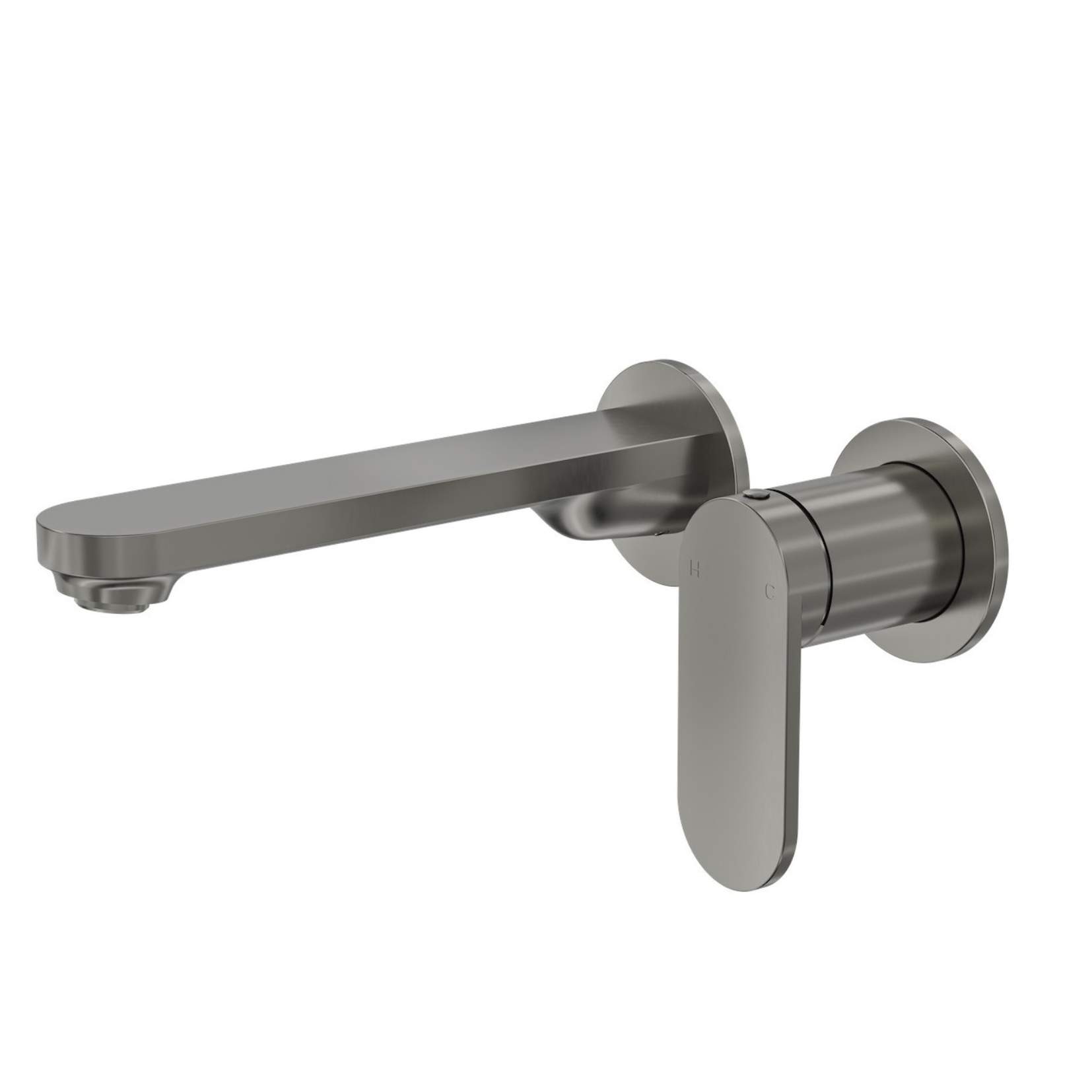 A 2-plate wall basin/bath mixer gun metal color with a slimline paddle handle.