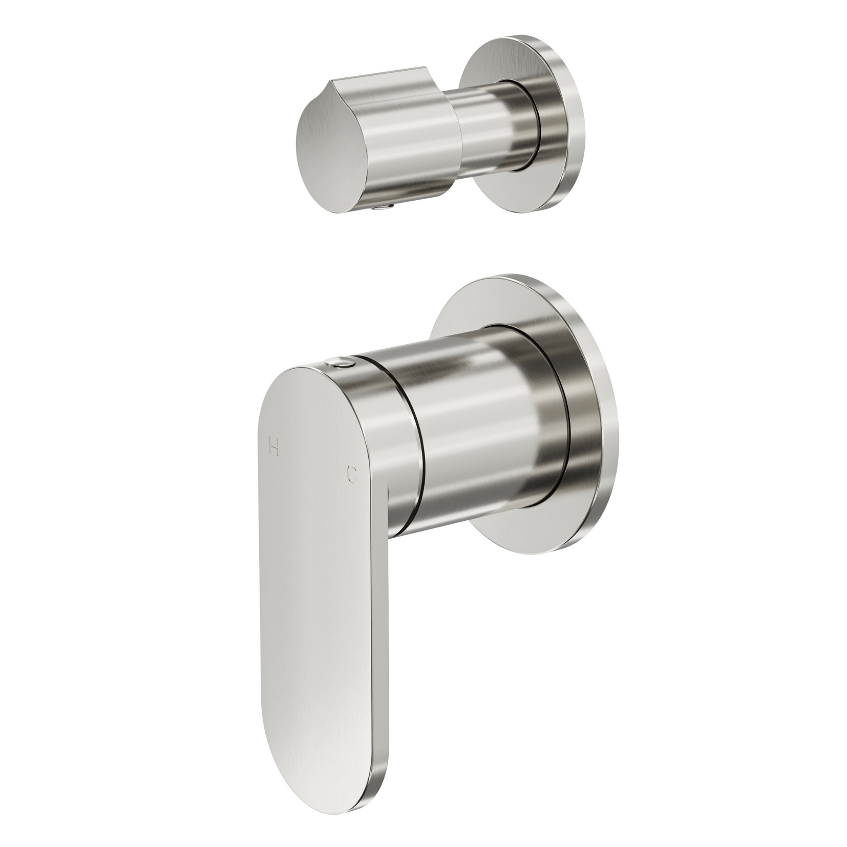 Brushed nickel 2-plate wall mixer with diverter, featuring a slimline paddle handle and rotary diverter button.