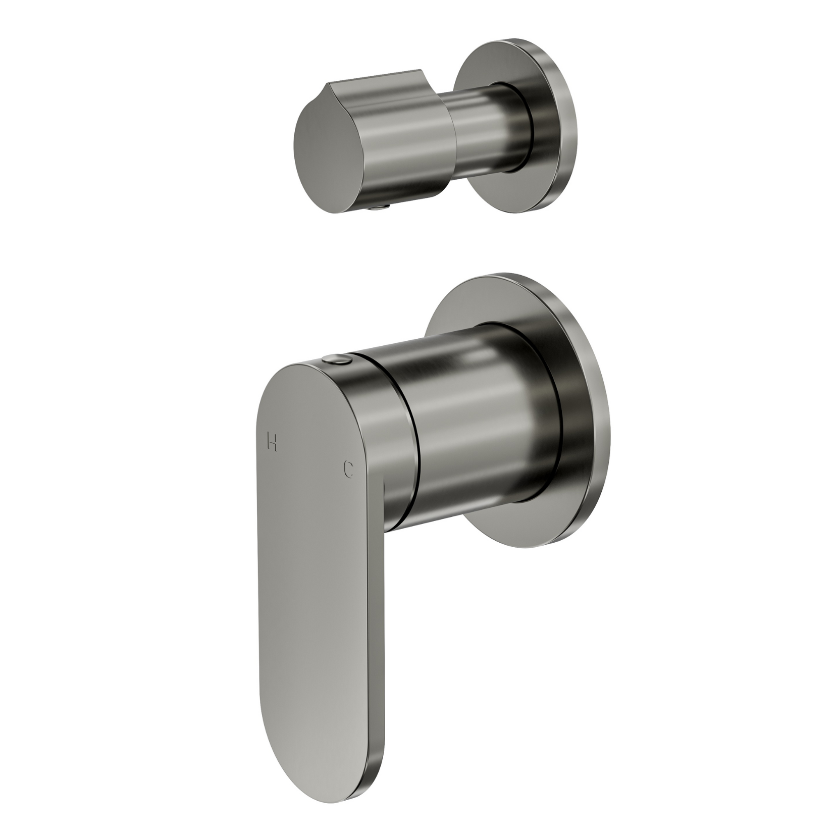 A 2-plate wall mixer with diverter in gun metal color, featuring a slimline paddle handle.