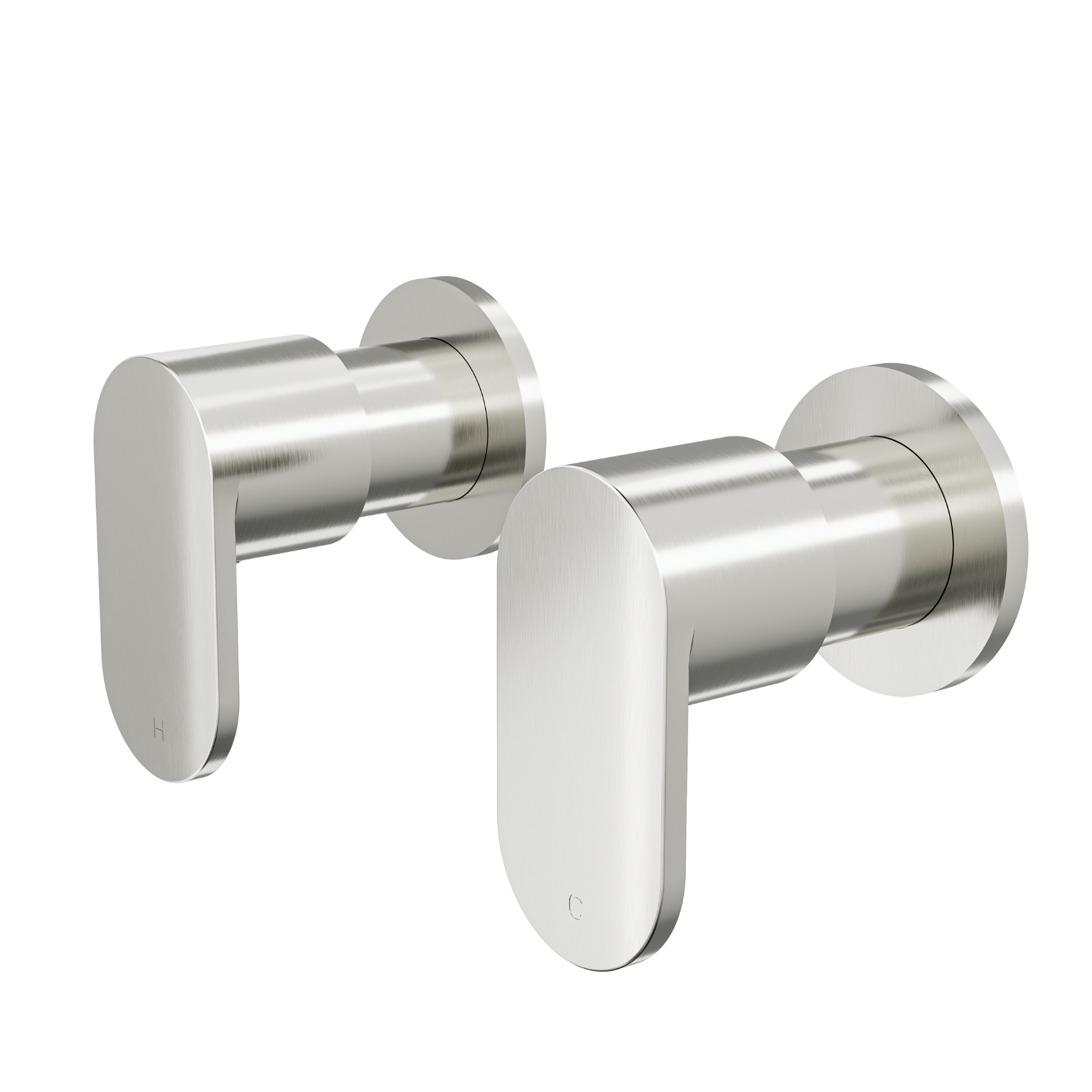 Two brushed nickel wall-top assemblies with separate hot and cold taps and ceramic spindles, featuring slimline lever handles and small round back plates.