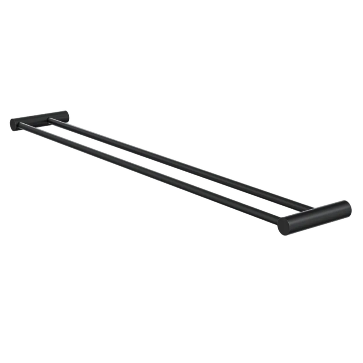 A matte black double towel rail