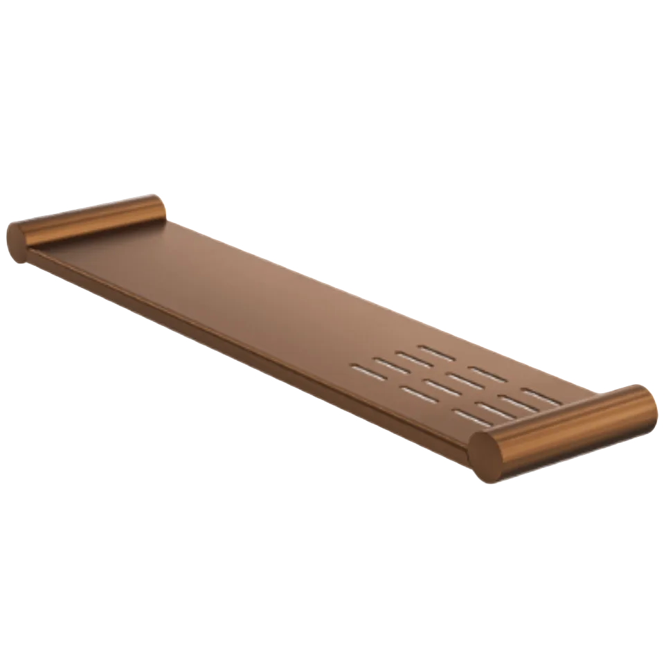 A long, rectangular bathroom metal shelf with rounded ends and a slotted section, used as a soap holder