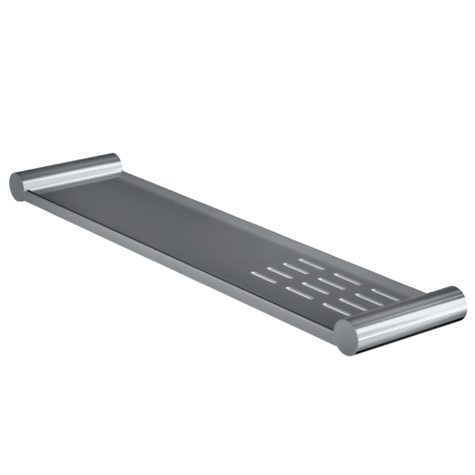 A modern stainless steel wall-mounted shower shelf with a slotted top surface and cylindrical end caps.