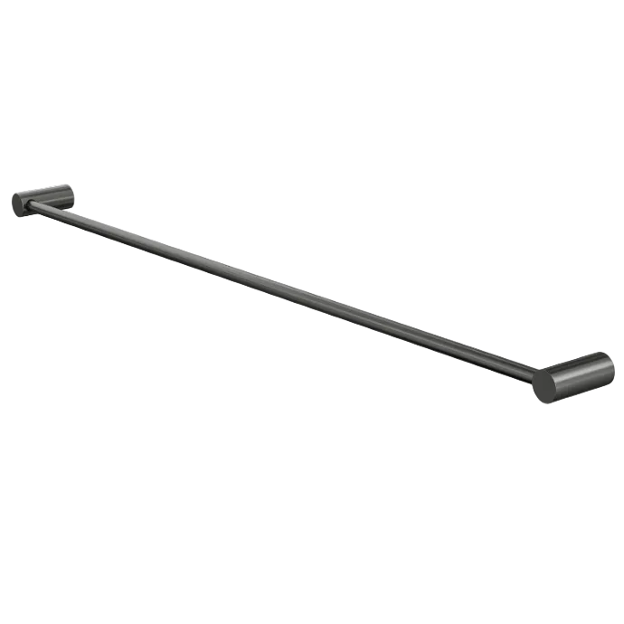 A gunmetal finish metal towel bar with cylindrical end caps, shown against a plain white background.