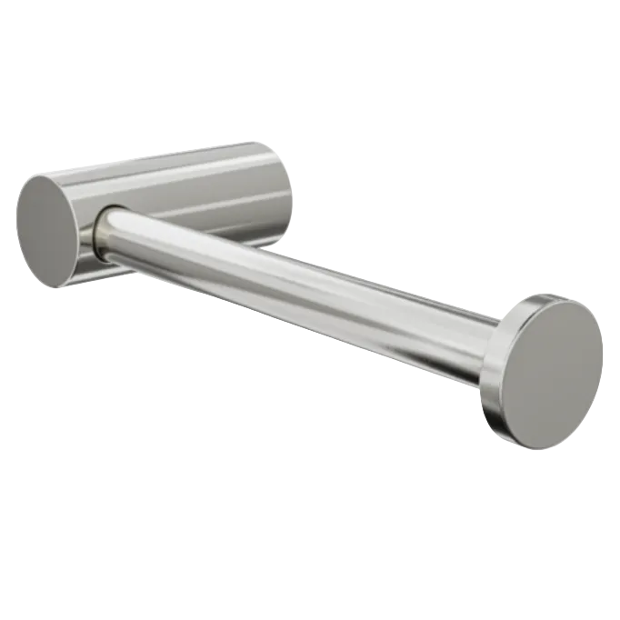 A modern wall-mounted toilet paper holder with a polished chrome finish, featuring a cylindrical rod with circular end caps and a wall-mount bracket on the left.