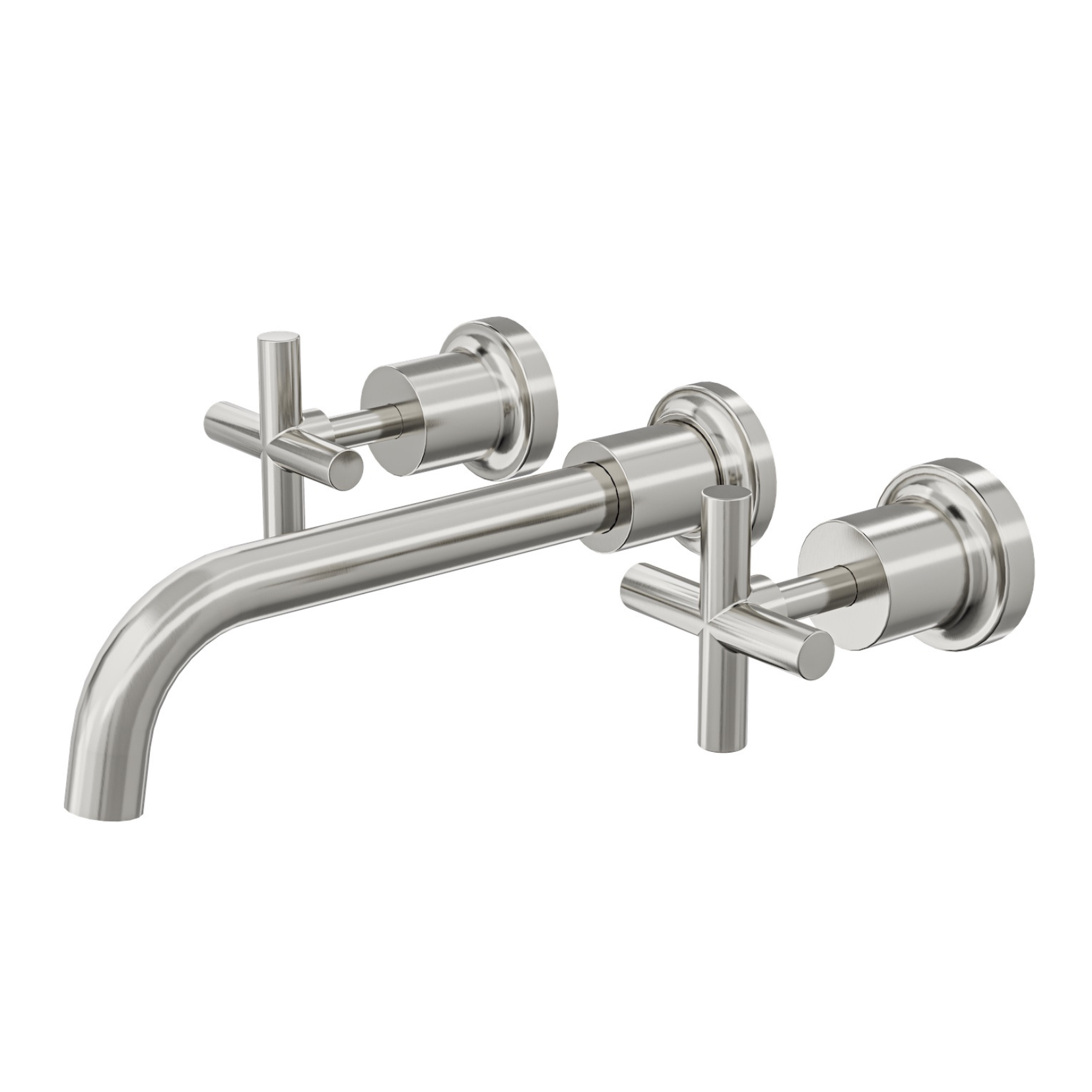 A brushed nickel bath tap set with two handles and a central spout, designed in a classic cross handle style.