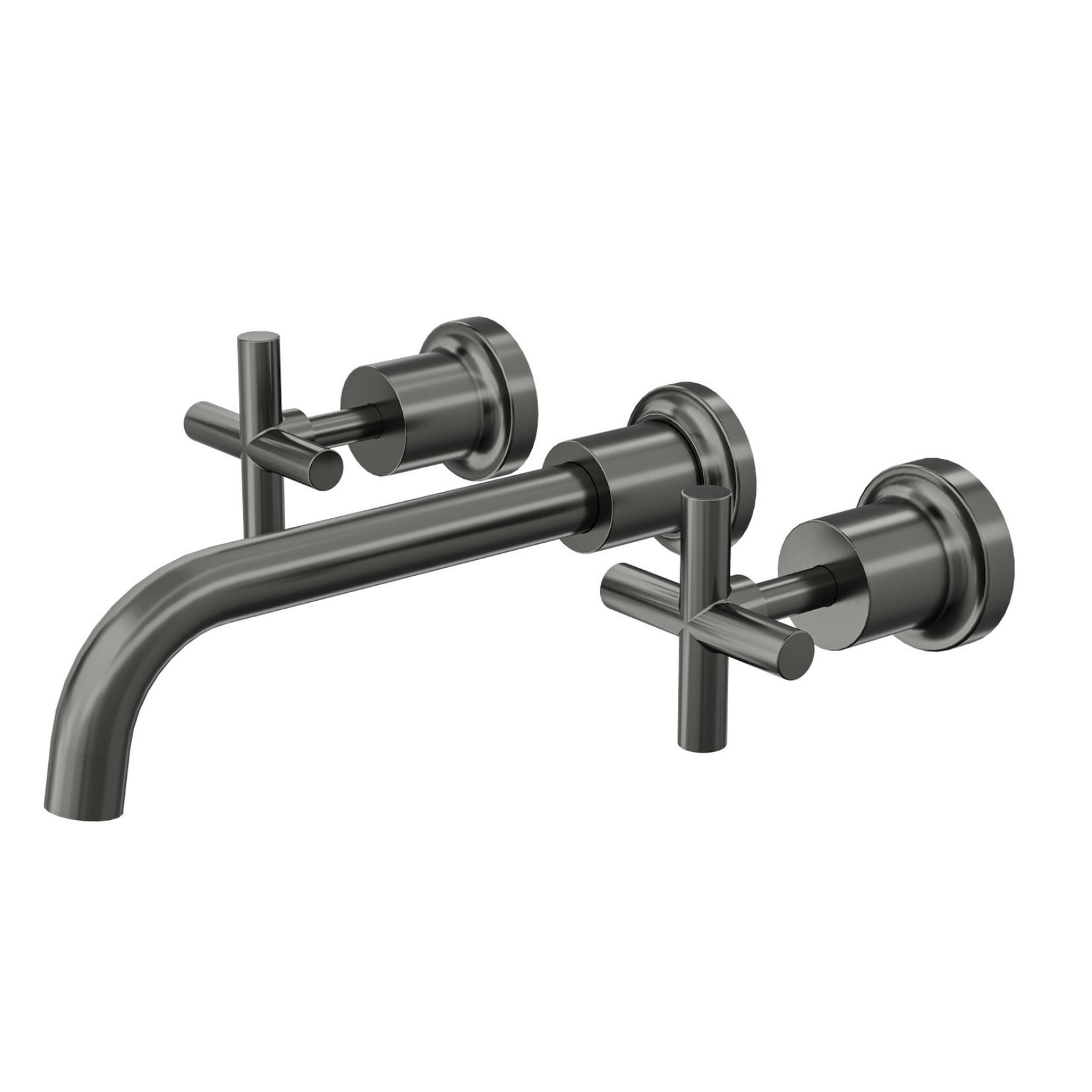 A set of gun metal bath tapware featuring a single spout and hot and cold cross handle taps