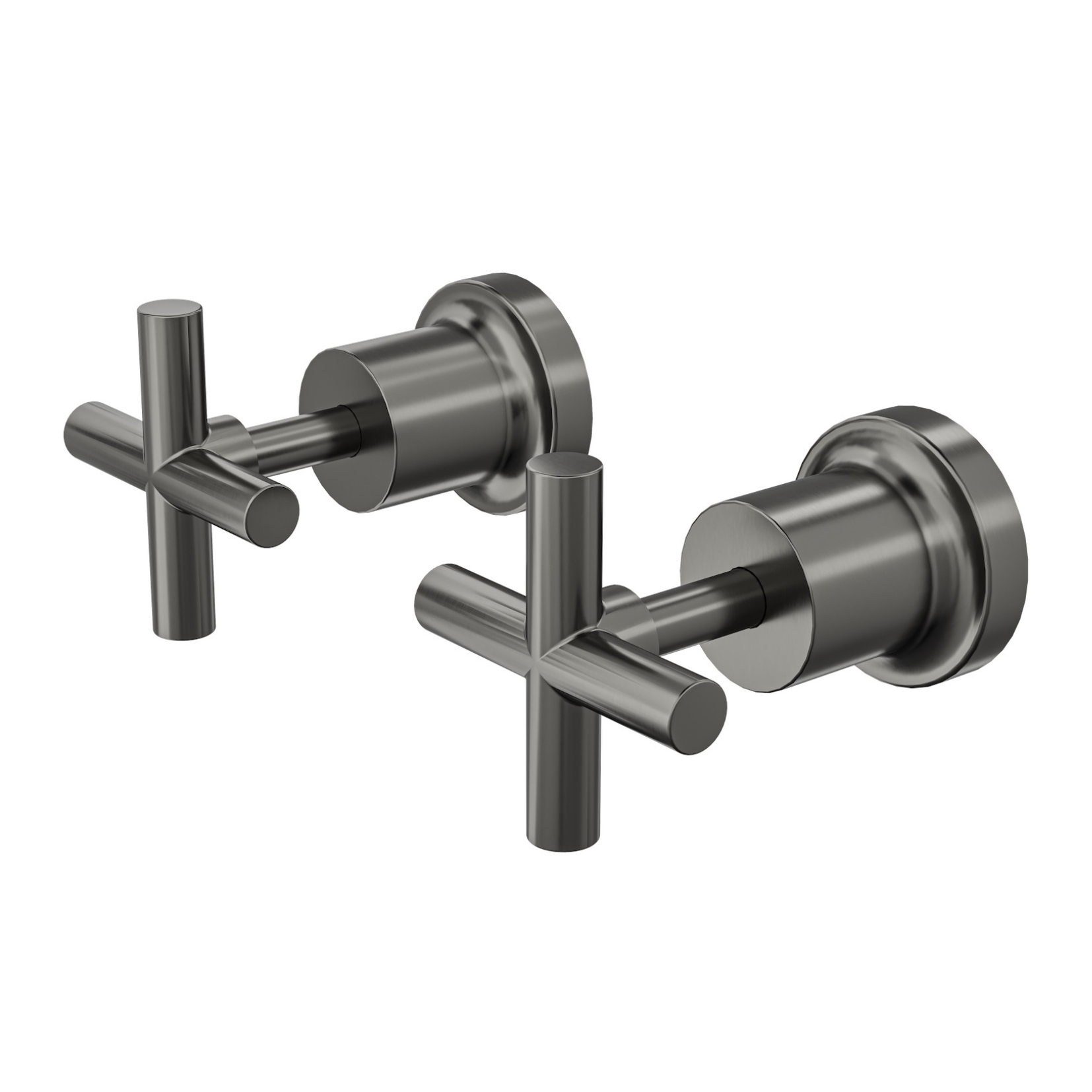 A pair of Linsol Tre wall top assemblies in gunmetal color, featuring a cross-handle design for bathroom tapware.
