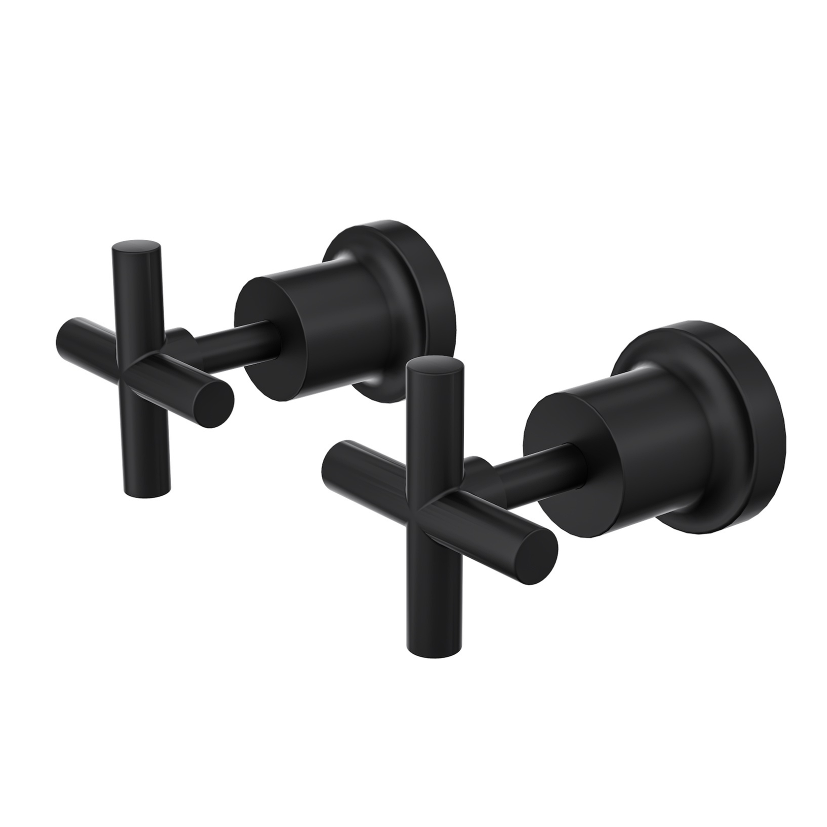 A pair of Linsol Tre wall top assemblies in matte black color, featuring a cross-handle design for bathroom tapware.