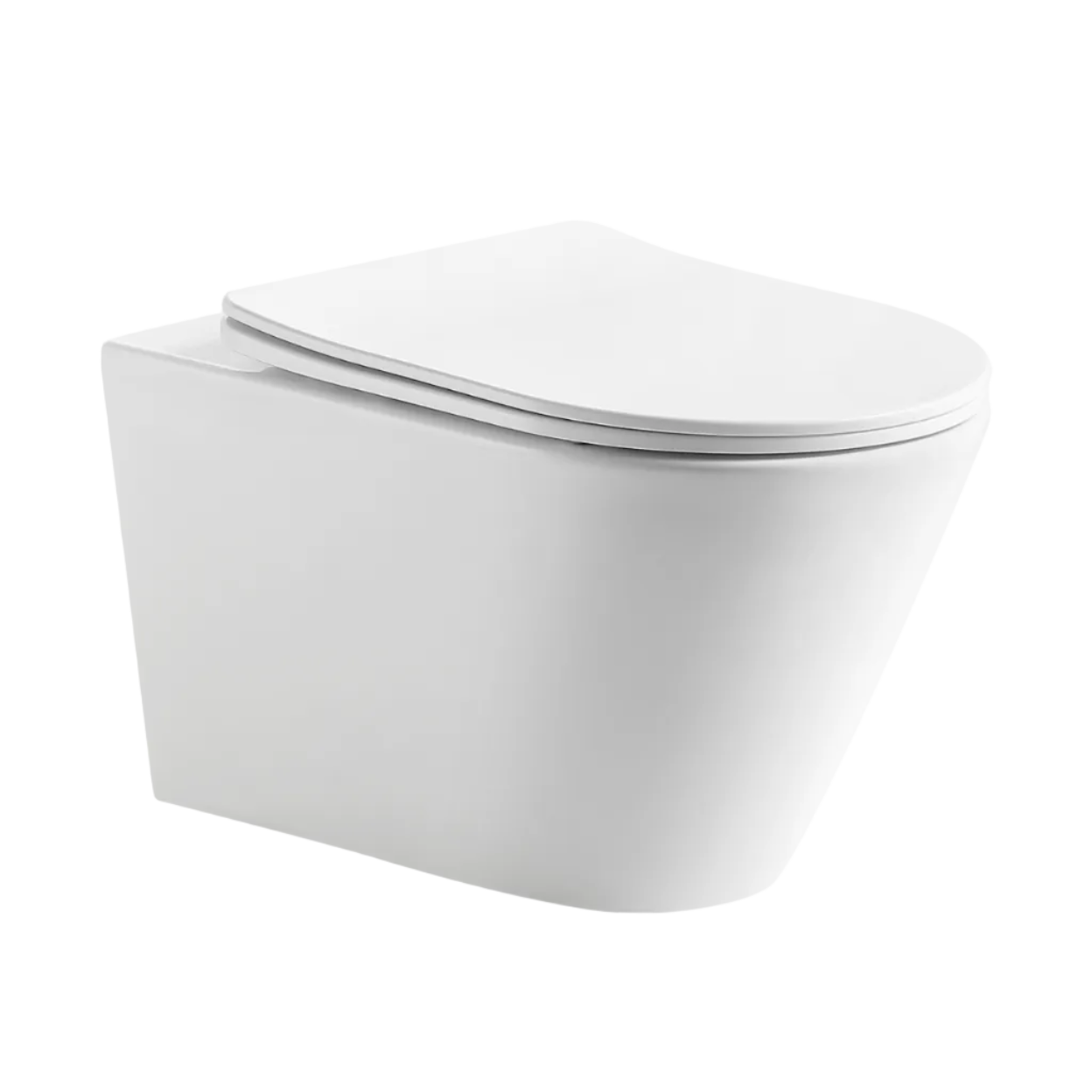 White wall-mounted toilet with a closed lid on a white background