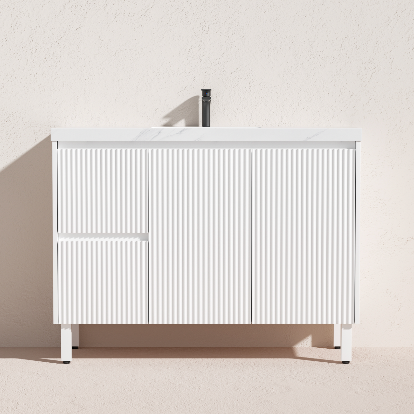 water proof freestanding fluted vanity matte white on legs with 2 x drawers and 2 x door