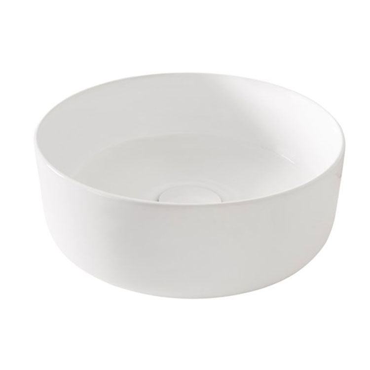 round matte white bathroom basin above bench