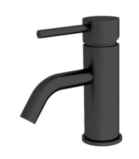 Matte black basin mixer tap with a sleek, modern design.
