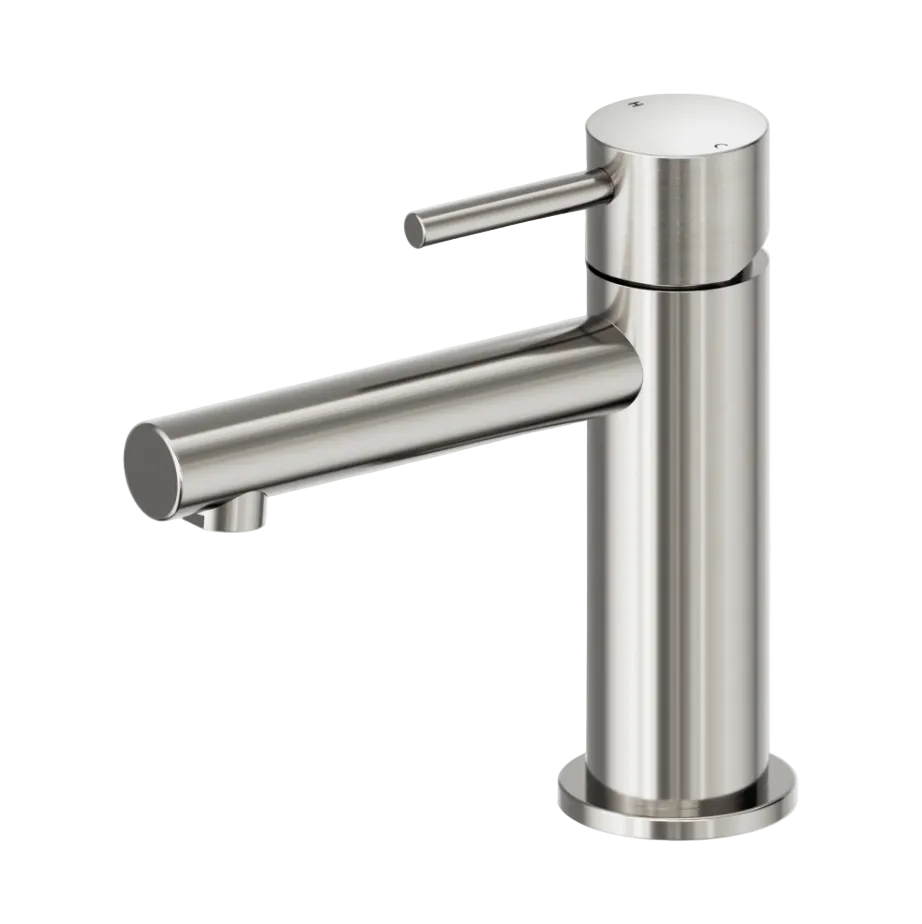A modern single-handle basin mixer bathroom tap in brushed nickel finish,