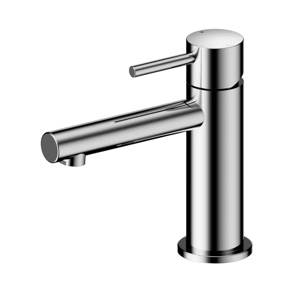A modern single-handle bathroom tap with a polished chrome finish, featuring a cylindrical body and a separate lever handle.