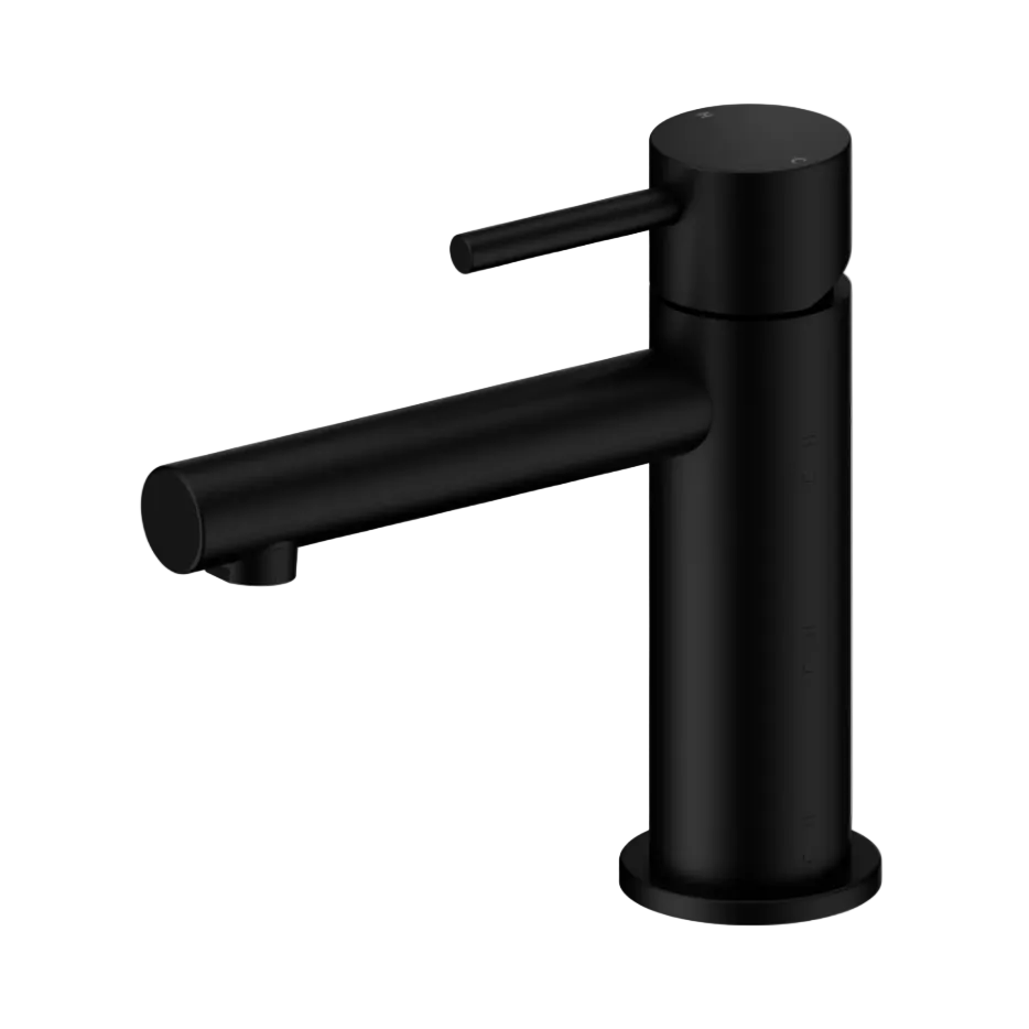 A matte black single-handle bathroom tap with a cylindrical spout and pin lever handle.