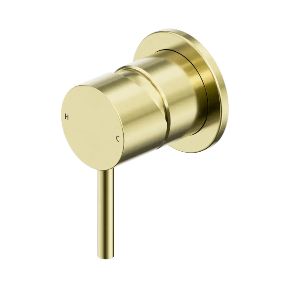 A modern single-handle wall-mounted shower tap in brushed gold.