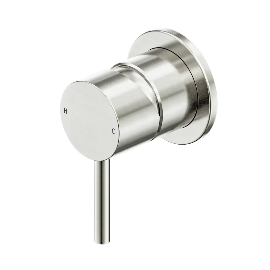 A modern wall-mounted shower water mixer control tap with lever handle in brushed nickel .