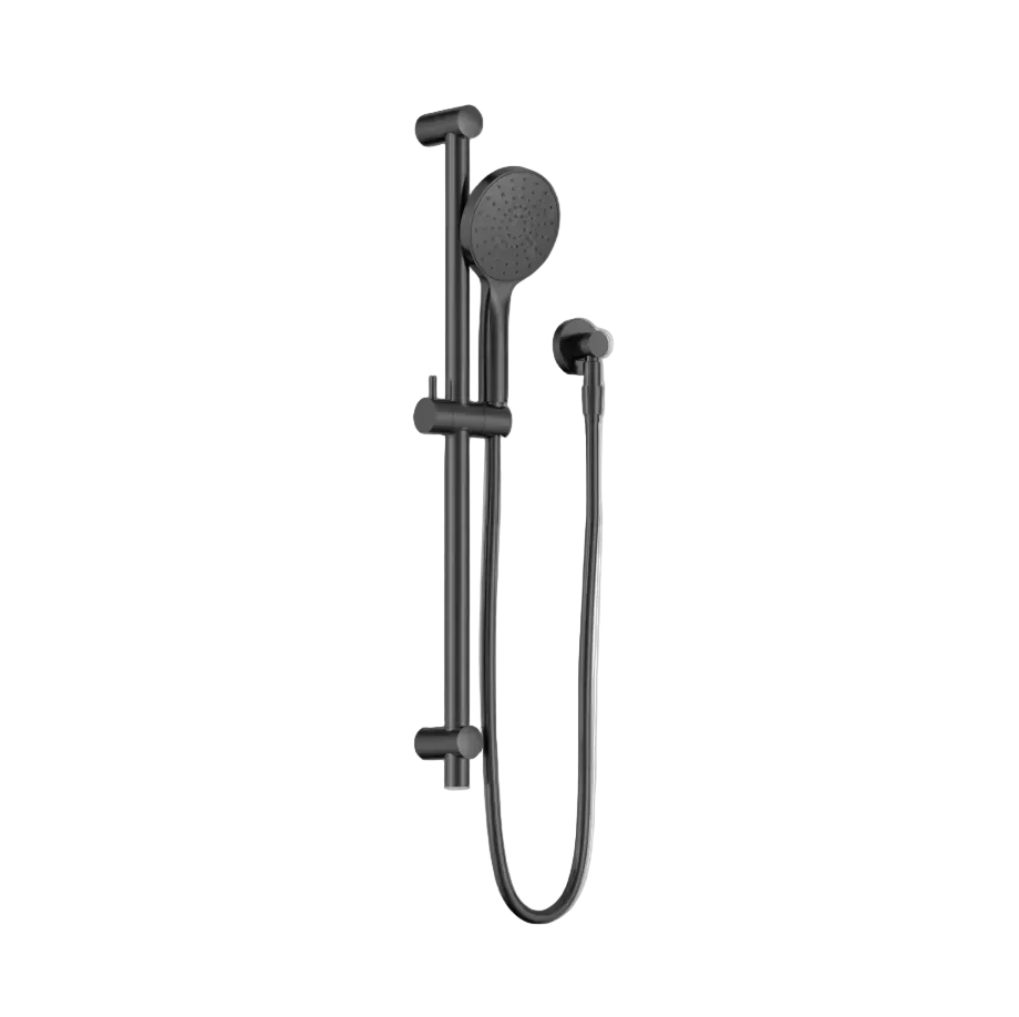 Black shower set with handheld shower head and hose .