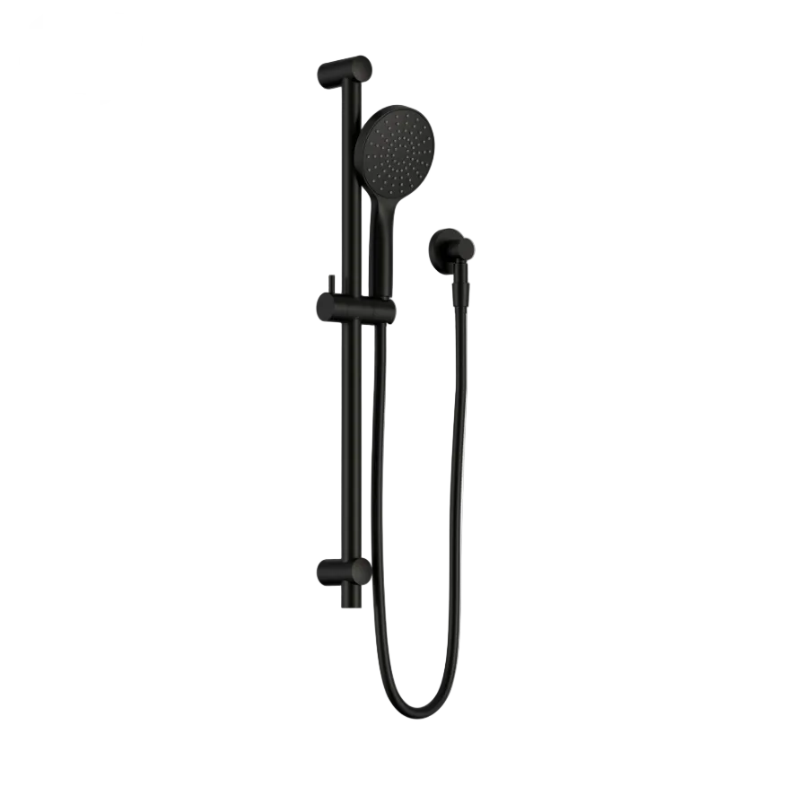 Black shower set with handheld shower head and control handle on a white background