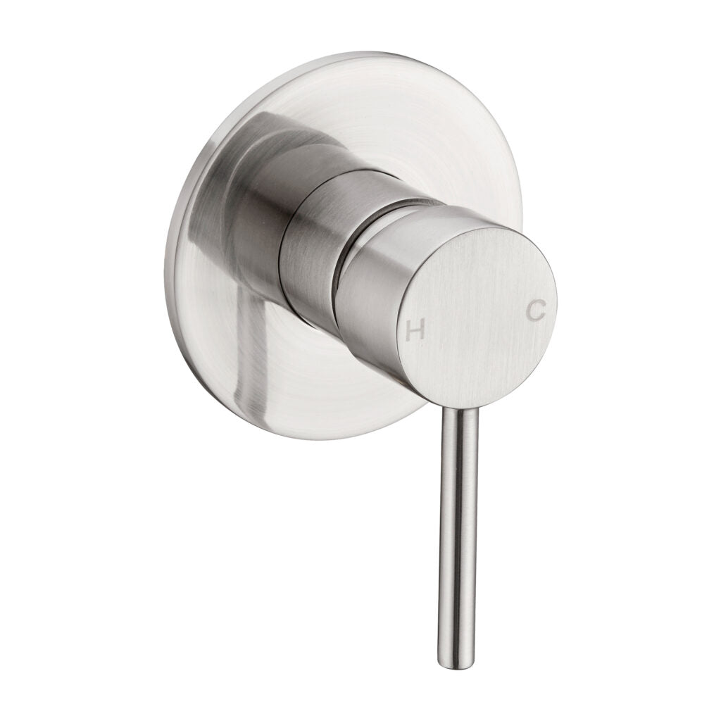 Brushed nickel shower mixer with a pin handle.