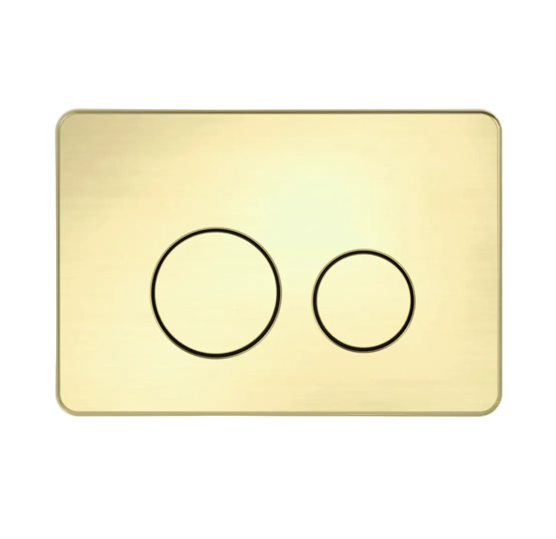 A modern two-button wall Flush plate in a brushed gold finish, featuring a subtle rectangular design with rounded corners and two circular button depressions. The brand name 'Nero' is printed in a small, light gray font in the upper right corner of the plate.