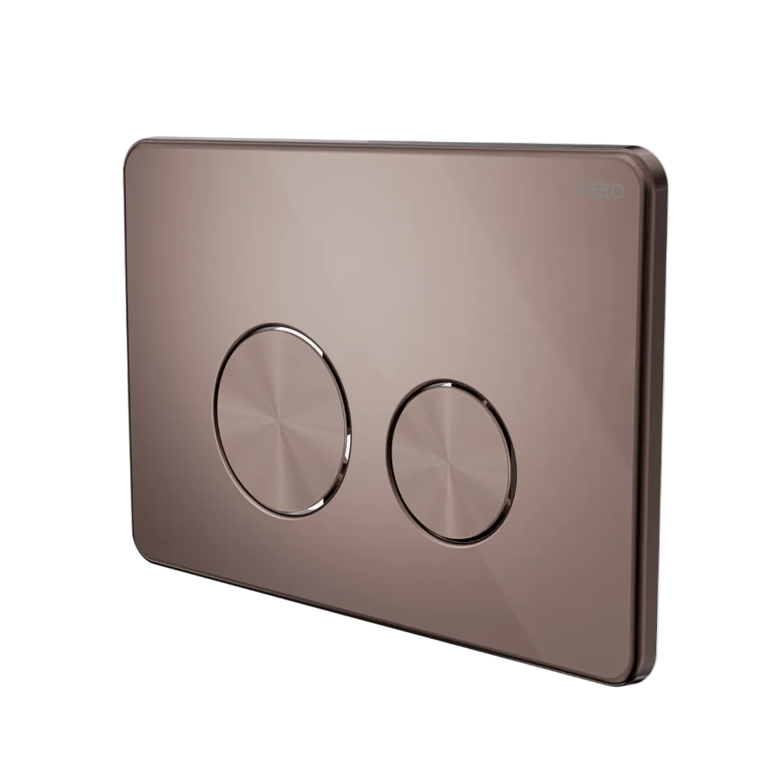 A modern wall-mounted two-button brushed bronze flush plate with circular buttons.