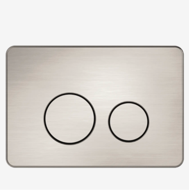 A rectangular brushed nickel wall plate with two circular flush buttons.