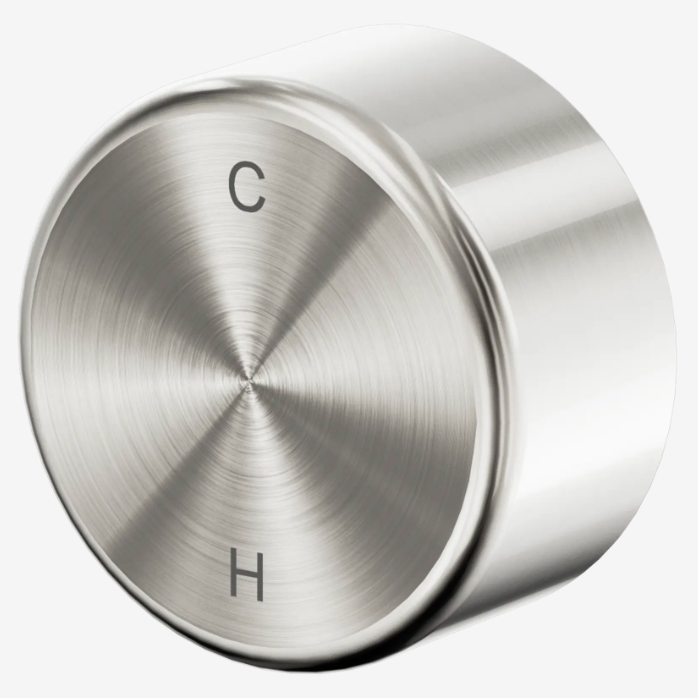 Brushed nickel bath/shower progressive mixer with a circular design.