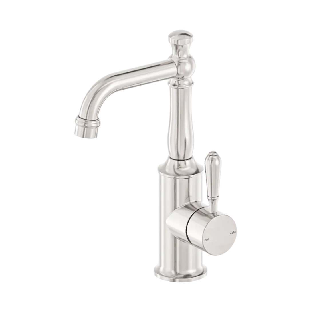 A brushed nickel high-arc basin mixer with a side lever design in ald world charm