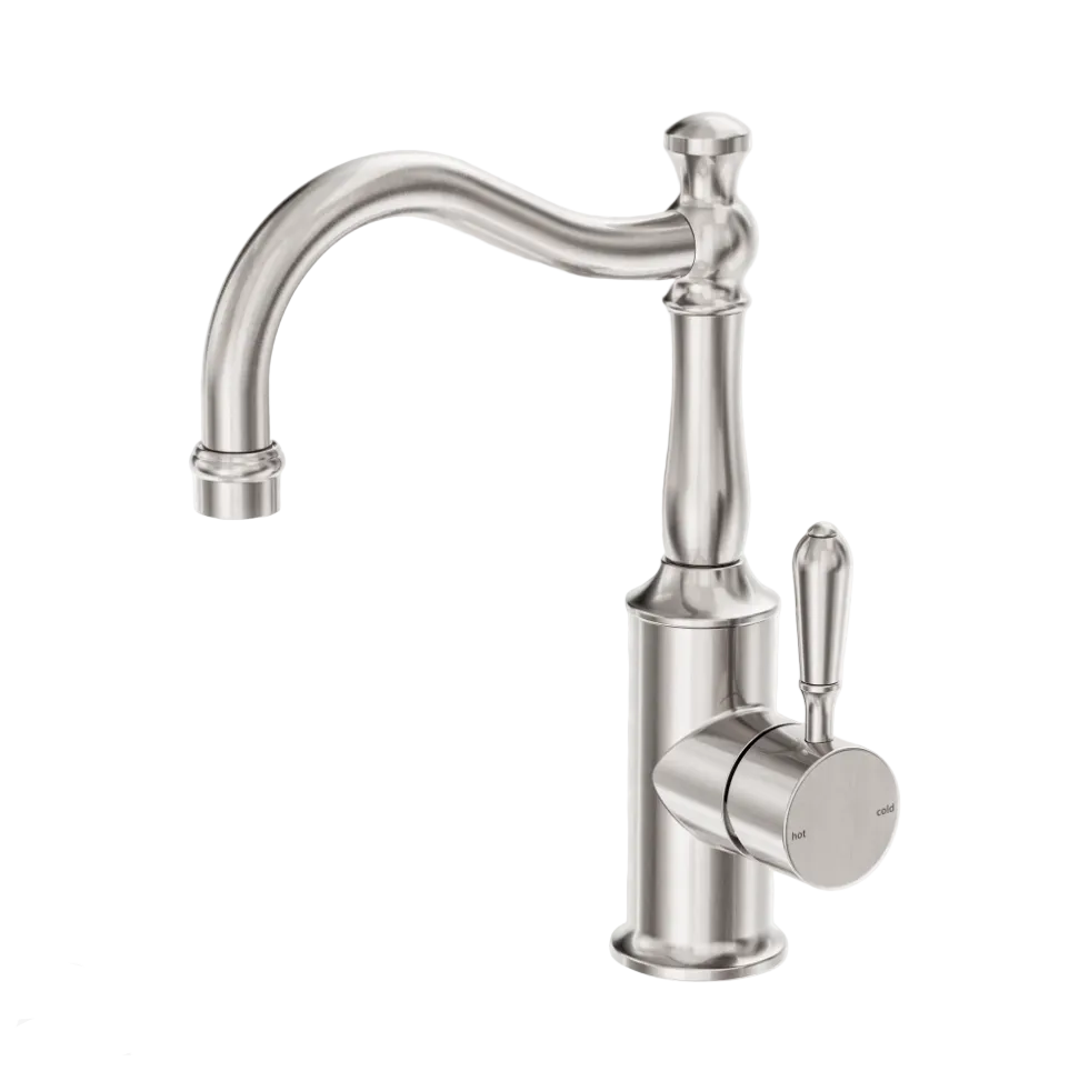 Brushed nickel basin mixer tap with a single lever handle and a hook spout, from the Nero York range.