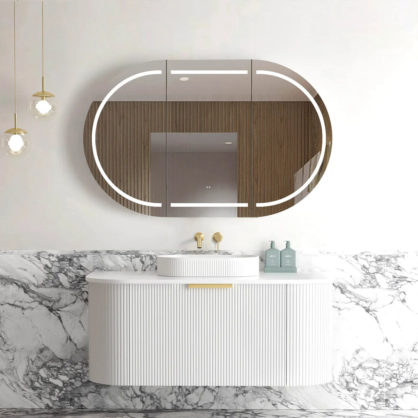 1200mm Fluted Satin White Curve Wall Hung Vanity with Soft Close Draws and Optional colour Handles