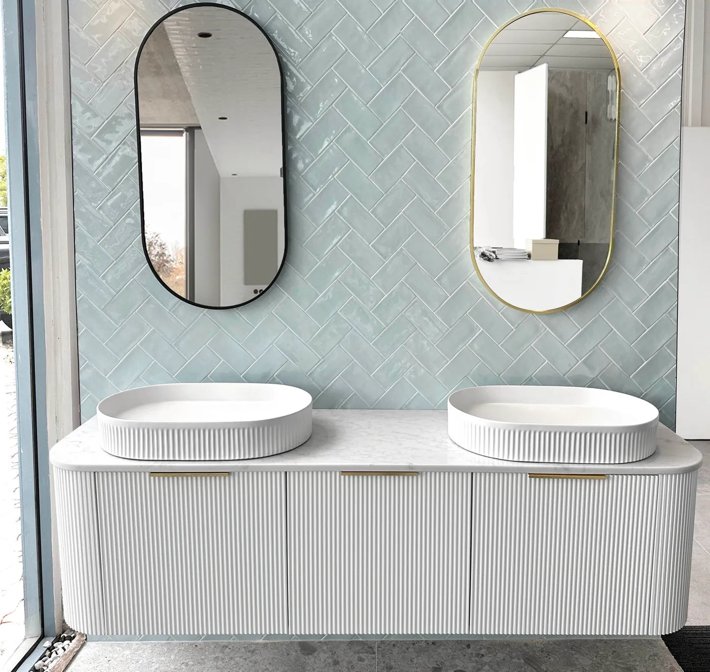 1800mm Double Basin Fluted Satin White Curve Wall Hung Vanity with Soft Close Draws and Optional colour Handles