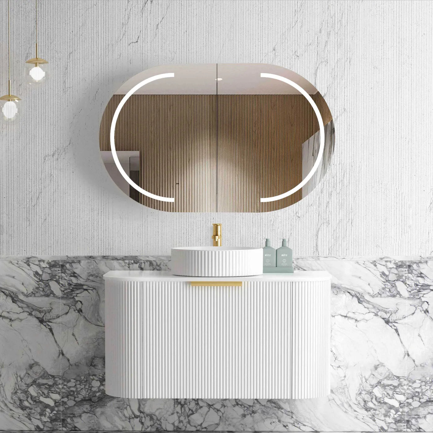 900mm Fluted Satin White Curve Wall Hung Vanity with Soft Close Draws and Optional colour Handles