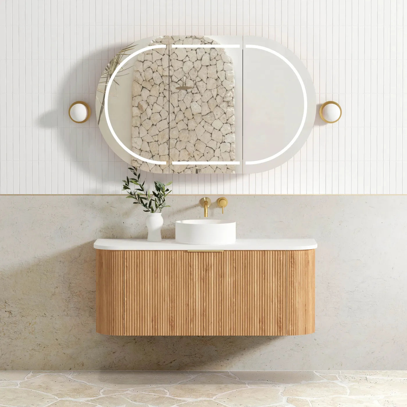 1200mm Fluted Wouldland Oak Curve Wall Hung Vanity with Soft Close Draws and Optional colour Handles