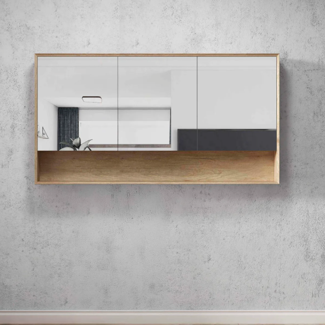 1500mm oak Wall-mounted cabinet with a mirror on a concrete wall
